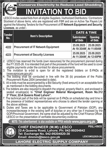 Lahore Electric Supply Company Lahore Tender Notice